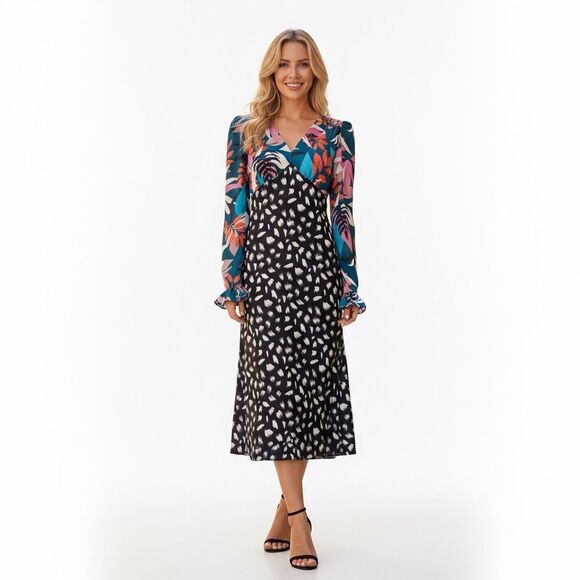 NWT Little Mistress Jocelyn Multi Print Long Sleeve Midi Dress Size 8 - Picture 1 of 6